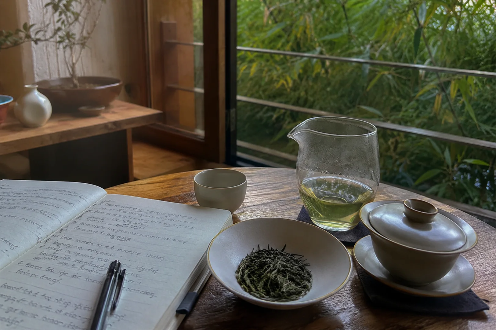 Journaling with tea on wooden table